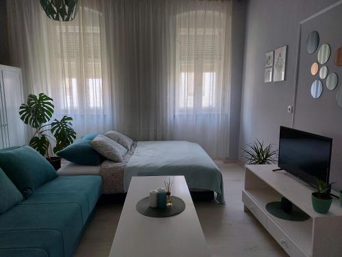 Cozy apartment in Kikinda في Kikinda: غرفة معيشة مع سرير وأريكة