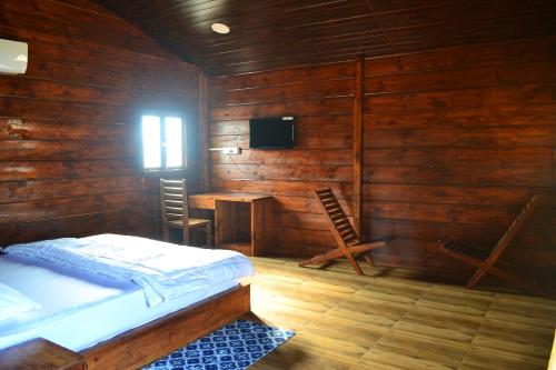 a bedroom with a bed and a desk and a television at Radhika Eco Resort(Odonata) in Arambol