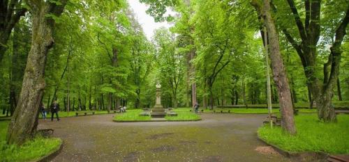 a park with a statue in the middle of a park at Отель центр Трускавца in Truskavets