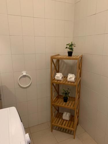 une salle de bain avec une étagère avec des serviettes et une plante dans l'établissement Welcome to Paradise, à Adeje