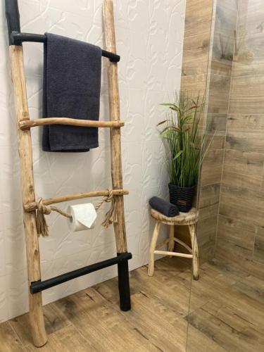 uma escada de toalha numa casa de banho com uma planta em SOLE Apartment 2 em Satu Mare