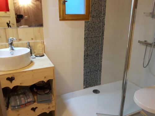 La salle de bains est pourvue d'un lavabo et d'une douche. dans l'établissement Chambre d'Hôtes Kiki & Coco, à Saint-Jean-de-Maurienne
