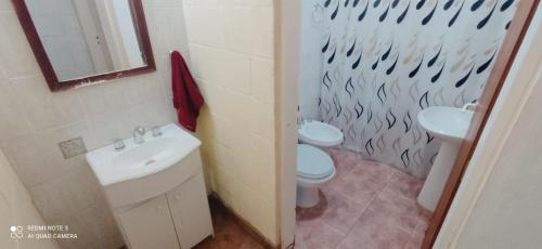 un bagno con lavandino, WC e specchio di Cabaña en las sierras de Córdoba a Valle Hermoso