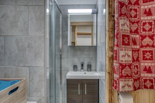 y baño con ducha, lavabo y espejo. en Studio Cosy coin-nuit proche centre - Vue splendide en Saint-Gervais-les-Bains