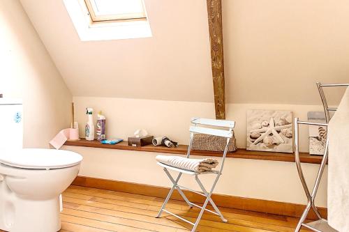 a bathroom with a toilet and a skylight at Maison confortable à Plehedel avec cheminée in Pléhédel
