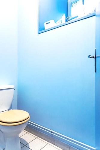 a bathroom with a toilet and a blue wall at Maison confortable à Plehedel avec cheminée in Pléhédel