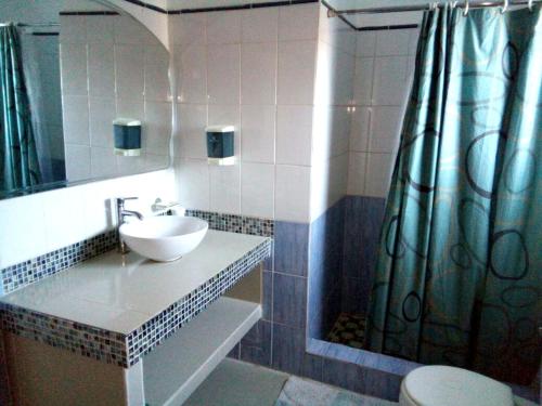 baño con lavabo y cortina de ducha en 2 bedrooms house with sea view furnished garden and wifi at La Savane 2 km away from the beach, en Happy Bay