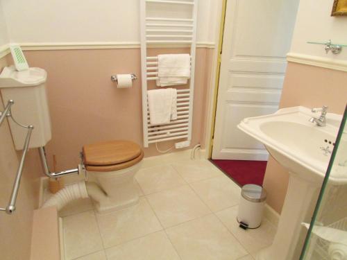 y baño con aseo y lavamanos. en Chateau Lezat - Chambres d'Hotes et Table d'Hotes, en La Souterraine