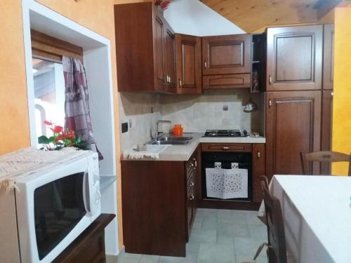 a small kitchen with wooden cabinets and a microwave at One bedroom appartement with enclosed garden and wifi at Aymavilles 7 km away from the slopes in Aymavilles