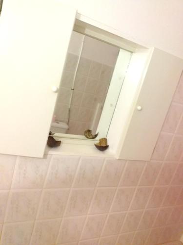 a bathroom with a mirror and a tile floor at Appartement charmant Morne-À-l'Eau in Morne-à-lʼEau