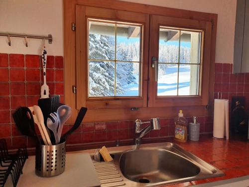 a kitchen counter with a sink and two windows at Tgampi saura 395 Rü in Lenz