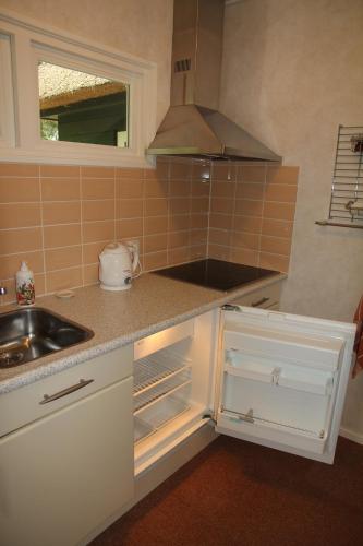 a kitchen with a sink and an open refrigerator at Vakantiehuis 't Musje in Epe