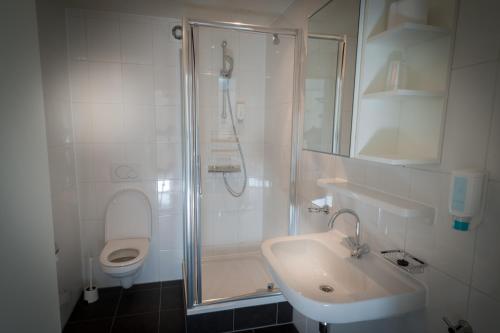 a bathroom with a shower and a sink and a toilet at Hotel Grand Cafe Deight in Zandvoort