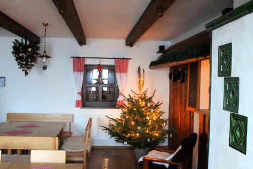 a living room with a christmas tree in a room at Chata Marguška - U Fera in Oščadnica