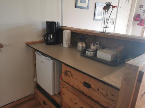 a kitchen with a wooden counter with a counter top at B&B In De Backerije 2 in Zuidwolde