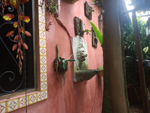 a wall with a statue of a face on it at Vila Santa Rosa Guest House in Ilhabela