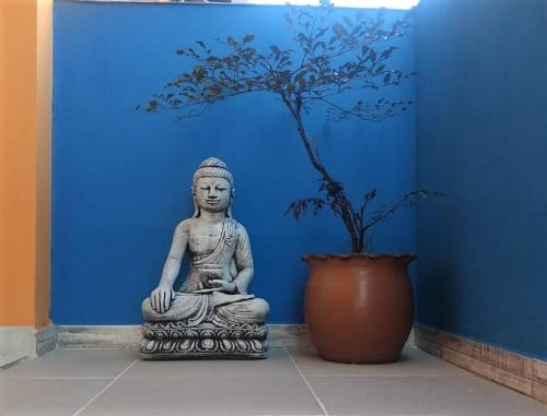 a statue sitting next to a blue wall with a plant at Pousada Gaucha Caiobá in Matinhos
