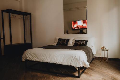 リド・ディ・オスティアにあるRoyalroom-relaxing spa & luxury apartmentsの壁にテレビが付いたベッドのある寝室