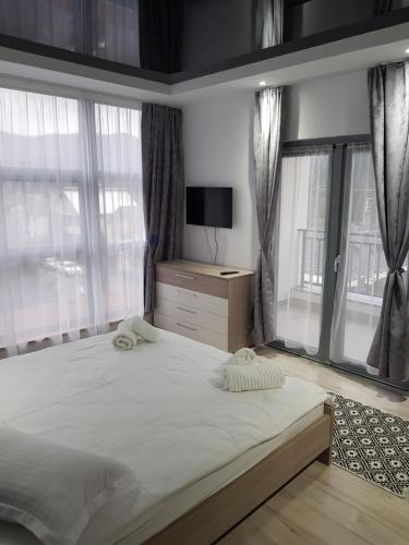 1 dormitorio con 1 cama grande y ventanas en Happy Residence, en Vişeu de Sus