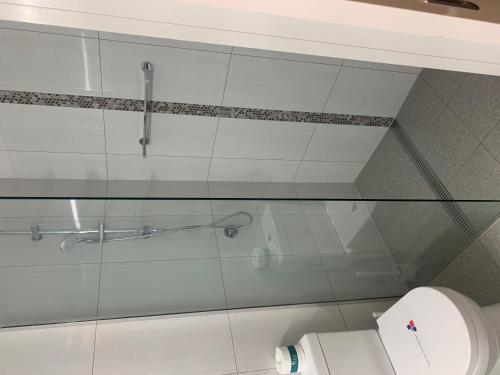 baño con cabina de ducha de cristal y aseo en Midway Motel - Richmond, en Richmond