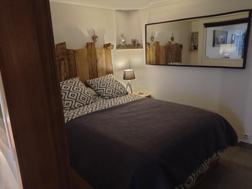 a bedroom with a bed and a mirror on the wall at Appartement plein pied bord de mer in Sibiril