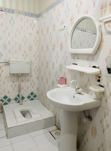 a bathroom with a sink and a mirror and a toilet at Madina Hotel 2 in Gilgit
