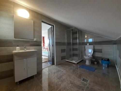 a bathroom with a sink and a toilet at Casa La Andrei in Topliţa