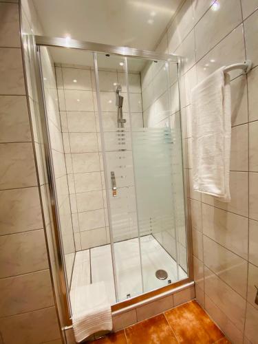 a shower with a glass door in a bathroom at Akomo Bern in Bern