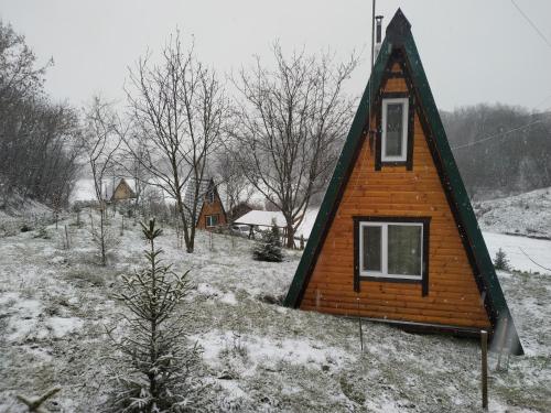 a small wooden house in a field with snow at Zelenaya Usad`ba StavBor in Zavadivka