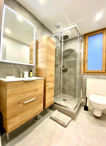 une salle de bain avec une douche, des toilettes et un lavabo dans l'établissement L'Écrin Alpin - somptueux 4 pièces NEUF cœur station, à Les Deux Alpes