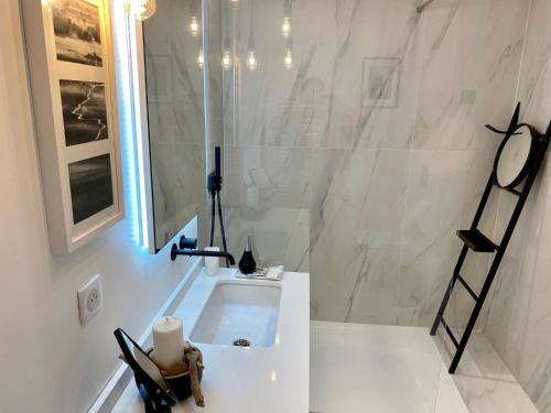 a white bathroom with a sink and a shower at Charmant T2 Cosy Notre Dame du Port in Clermont-Ferrand