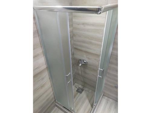 eine Duschtür aus Glas mit Chromgriff in der Unterkunft Studio Veve Lux in Zlatibor