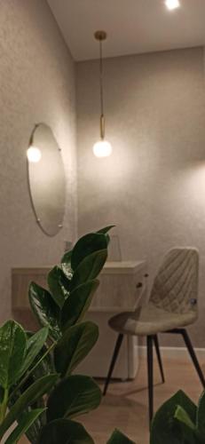 a room with a chair and a plant and a mirror at Citylife Boutique Hotel in Kharkiv