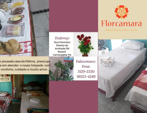 kolaż zdjęć pokoju z łóżkiem w obiekcie Florcamará POUSADA w mieście Camaragibe