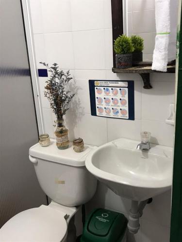 a bathroom with a white toilet and a sink at Mi Casa en Barichara in Barichara