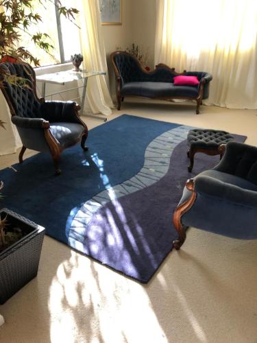 a living room with a blue rug on the floor at Luxury Room in large House in Auckland