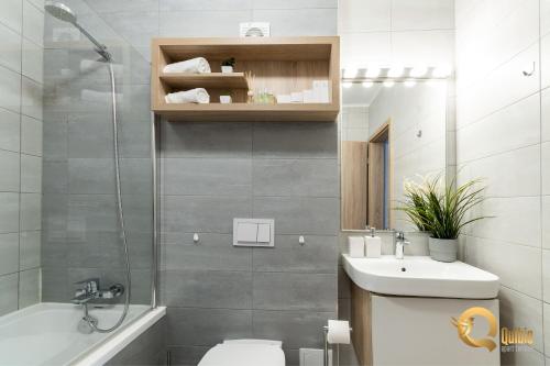 a bathroom with a sink and a toilet and a shower at Quibio Apart Terrace in Braşov