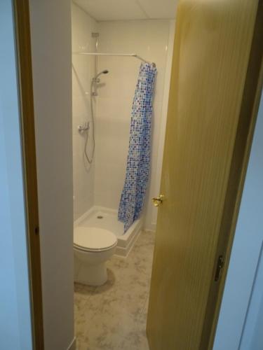 a bathroom with a toilet and a shower with a shower curtain at Rickaty Lodge Bed and Breakfast, 2 star Hotel, Plane spotting Hotel, Gran Canaria Airport LPA, Gran Canaria, Spain in Las Puntillas