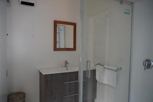 a bathroom with a sink and a shower with a mirror at Lazy Daze in Wanaka