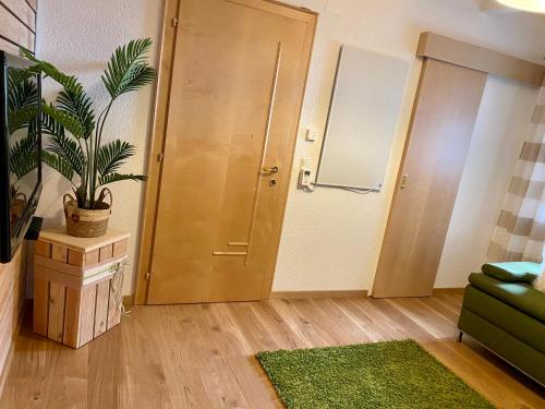 a living room with a door and a potted plant at AlpenApartment in Bramberg am Wildkogel