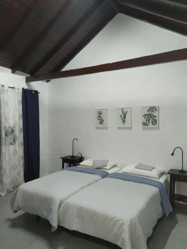 Moya的住宿－Moya, Senderos y naturaleza，白色客房的两张床,配有两张桌子