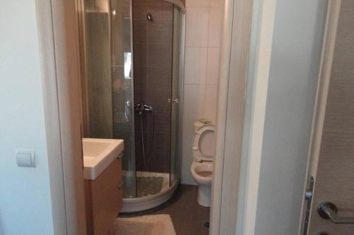 a bathroom with a toilet and a sink and a shower at Villa Maria Ποσείδι Χαλκιδικής Σπίτι με θέα in Possidi
