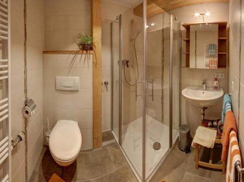a bathroom with a shower and a toilet and a sink at Beim Bretzner - Chiemgau Karte in Inzell