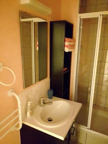 a bathroom with a white sink and a shower at Gîte Santenay les Bains in Saint-Sernin-du-Plain