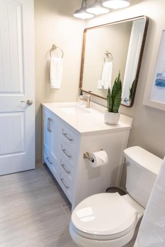 a bathroom with a white toilet and a mirror at Colony Suites in Palmer