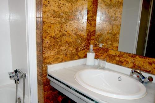 a bathroom with a white sink and a mirror at Hostal Charo II in Santiago de Compostela