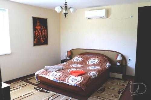 een slaapkamer met een bed in een kamer bij вила Ирена in Radevtsi