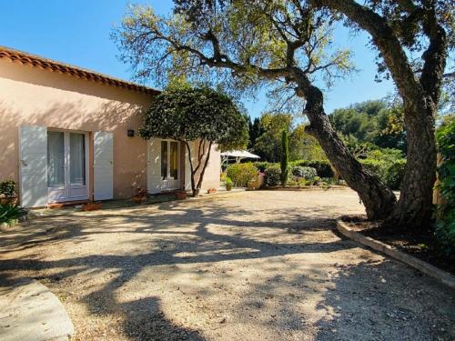 a house with a tree in front of a driveway at Le Hameau de la Nicolinière in Bormes-les-Mimosas