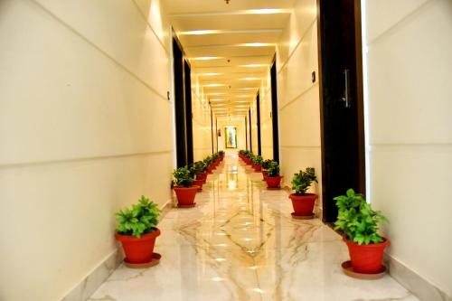 a hallway with potted plants in a building at HOTEL VINAYAK in Lucknow