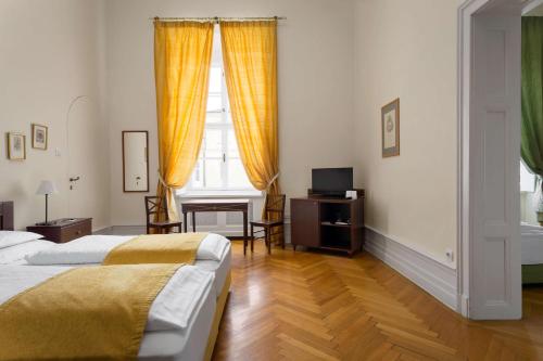 a bedroom with a bed and a television and a window at Károlyi Kastély Hotel & Restaurant in Fehérvárcsurgó